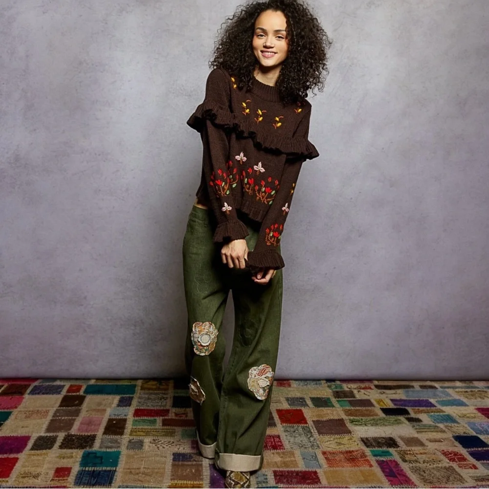 NWT POL Brown Floral Ruffle Sweater